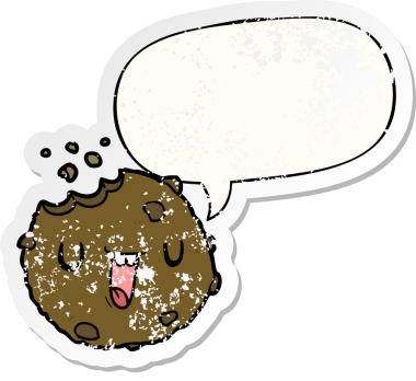 Konuşma balonlu çizgi film kurabiyesi bir insan tarafından çizilmiş sıkıntılı eski bir çıkartma