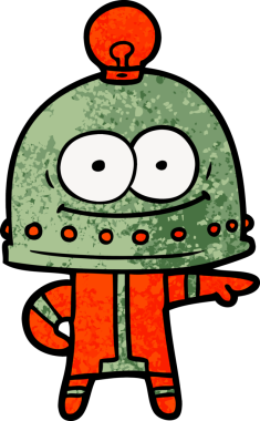 Bir insan tarafından çizilmiş ampullü mutlu karton robot.