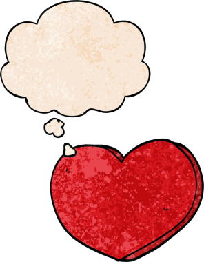 bir insan tarafından çizilmiş grunge doku şeklinde düşünce baloncuğu olan karikatür kalp.
