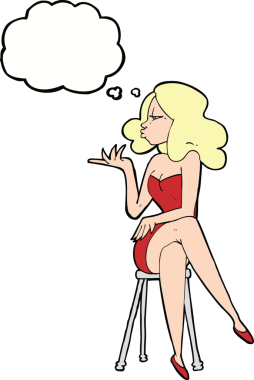 Bir insan tarafından çizilmiş düşünce baloncuğuyla bar taburesinde oturan çizgi film kadını.