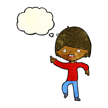 Bir insan tarafından çizilen düşünce baloncuğuyla işaret eden çizgi film adamı.