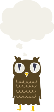 bir insan tarafından çizilmiş düşünce baloncuğu olan çizgi film baykuşu