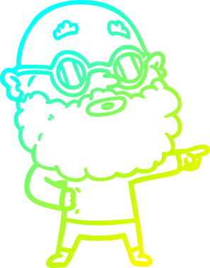 Bir insan tarafından çizilmiş sakallı ve gözlüklü tuhaf bir çizgi film karakteri.