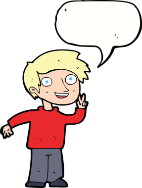 Bir insan tarafından çizilmiş konuşma balonuyla fotoğraf için poz veren çizgi film çocuğu.