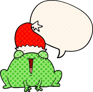Bir insan tarafından çizilmiş çizgi roman tarzında konuşma balonu olan şirin bir noel kurbağası.
