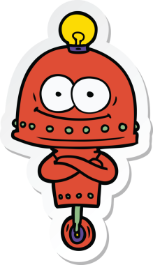 Bir insan tarafından çizilmiş mutlu bir karton robotun çıkartması.