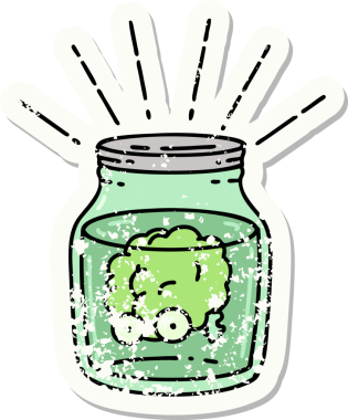 Bir insan tarafından çizilmiş kavanozda dövmeli bir beynin eski bir çıkartması.