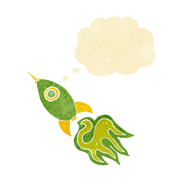 Bir insan tarafından çizilmiş düşünce baloncuklu uzay roketi.