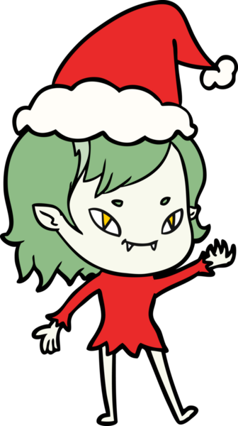 Bir insan tarafından çizilmiş Noel Baba şapkası takan arkadaş canlısı bir vampir kızın el çizimi.