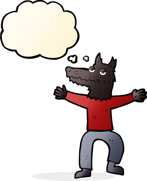 Bir insan tarafından çizilmiş düşünce balonlu bir kurt adam.