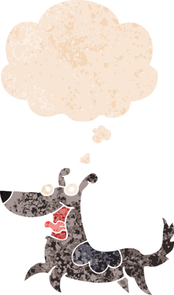 Mutlu köpek çizgi filmi. Düşünce baloncuğu ve grunge dertli eski moda bir insan tarafından çizilmiş.