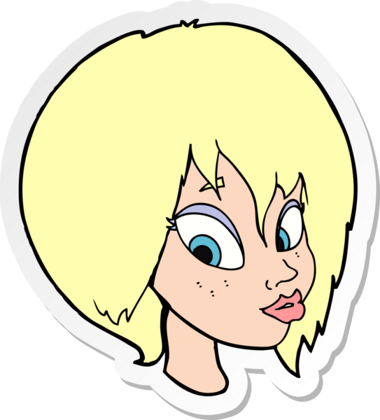 Çizgi film çıkartması. Bir insan tarafından çizilmiş güzel kadın yüzü.