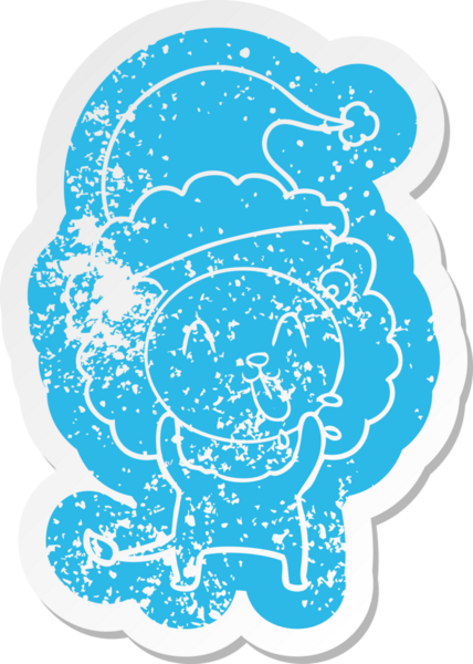 Mutlu çizgi film, bir insan tarafından çizilmiş Noel Baba şapkası takan bir aslanın hüzünlü çıkartması.