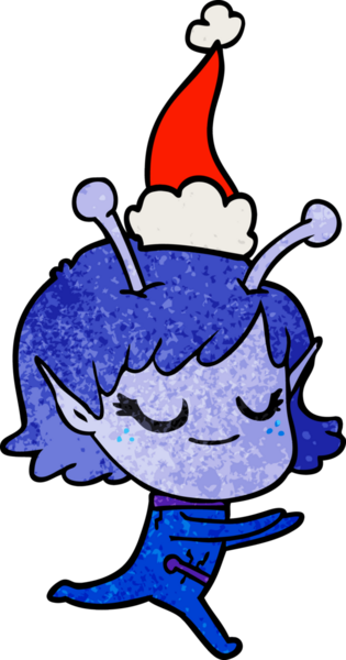 Gülümseyen uzaylı kız el çizimi bir insan tarafından çizilmiş Noel Baba şapkası giymiş bir koşucunun çizimi.