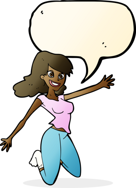 Bir insan tarafından çizilmiş konuşma balonlu zıplayan kadın.