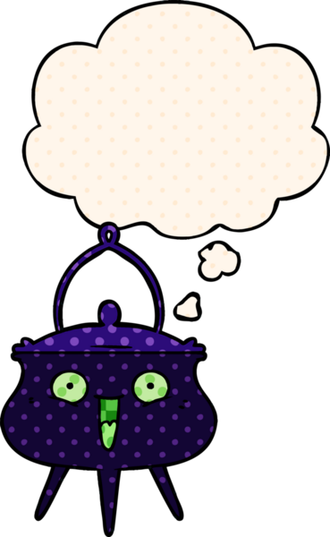 Bir insan tarafından çizilmiş, düşünce baloncuklu cadılar bayramı kazanı karikatürü.