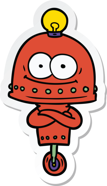 Bir insan tarafından çizilmiş mutlu bir karton robotun çıkartması.