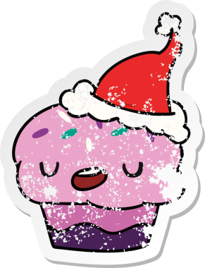 Bir insan tarafından çizilmiş kawaii kekinin sıkıntılı yılbaşı çıkartması.