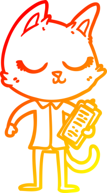 Bir insan tarafından çizilmiş bir pano ile sakin bir çizgi film kedisinin sıcak çizgi çizimi