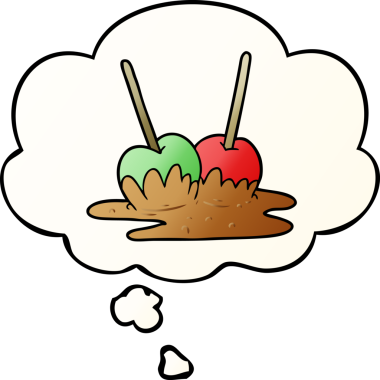 Düşünce baloncuklu karikatür elmaları bir insan tarafından çizilmiş yumuşak eğimli.