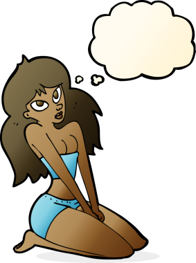 Bir insan tarafından çizilmiş düşünce baloncuğu olan dar elbiseli karikatür kadın.