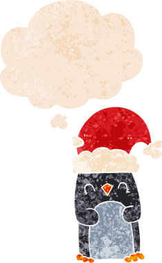 Düşünce baloncuğu olan karikatür pengueni bir insan tarafından çizilmiş dertli retro desenli.