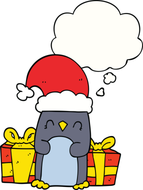 Bir insan tarafından çizilmiş düşünce baloncuğu olan sevimli bir Noel pengueni.
