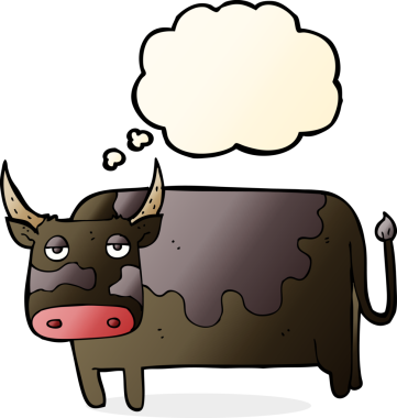 Bir insan tarafından çizilmiş düşünce balonlu çizgi film ineği.