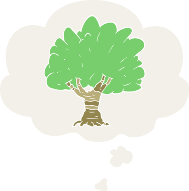 Düşünce baloncuğu olan çizgi film ağacı insan tarafından çizilmiş.