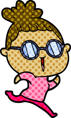 Bir insan tarafından çizilmiş gözlüklü bir karikatür kadın.