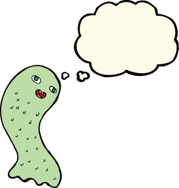 Bir insan tarafından çizilmiş düşünce baloncuklu komik çizgi film hayaleti.