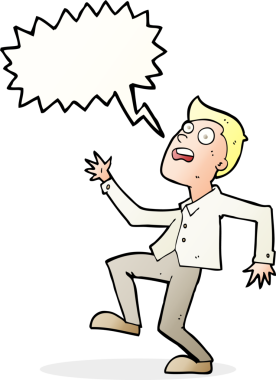 Bir insan tarafından çizilen konuşma baloncuğuyla panikleyen çizgi film adamı.