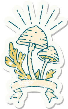 Bir insan tarafından çizilmiş eski bir dövme stili mantar çıkartması.