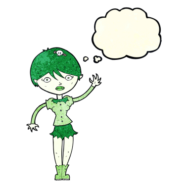 Bir insan tarafından çizilmiş düşünce balonuyla el sallayan vampir kız.