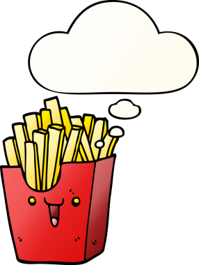 Bir insan tarafından çizilmiş yumuşak eğimli düşünce baloncuklu patates kızartması kutusu.