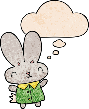 Bir insan tarafından çizilmiş grunge desenli düşünce baloncuğu olan şirin çizgi film minik tavşan.