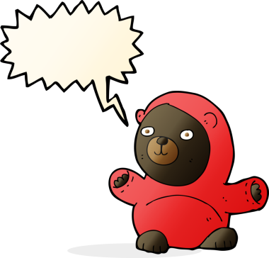 Bir insan tarafından çizilmiş konuşma balonu olan sevimli çizgi film kara ayısı.