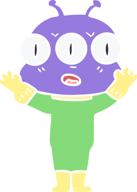 Düz renkli karikatür. Bir insan tarafından çizilmiş üç gözlü uzaylı.