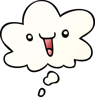 Bir insan tarafından çizilmiş yumuşak eğimli düşünce baloncuğu ile sevimli mutlu çizgi film yüzü