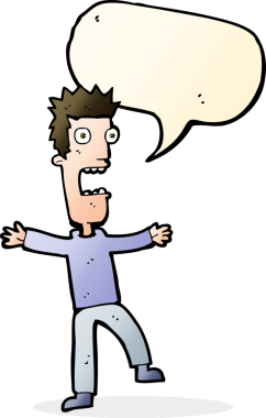 Bir insan tarafından çizilmiş, konuşma balonuyla dehşete düşmüş bir adam.