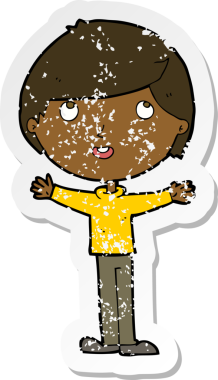 Bir insan tarafından çizilen mutlu çocuk çizgi filminin kederli retro yapıştırması.