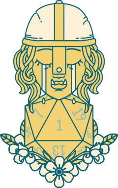 Retro Dövme Tarzı Ağlayan Ork Savaşçısı Karakteri Bir insan tarafından çizilmiş doğal bir D20 rulosu