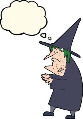 Bir insan tarafından çizilmiş düşünce baloncuğu olan çirkin yaşlı cadı çizgi filmi.