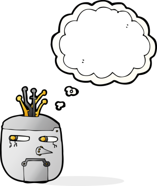 bir insan tarafından çizilmiş konuşma balonlu robot kafası.