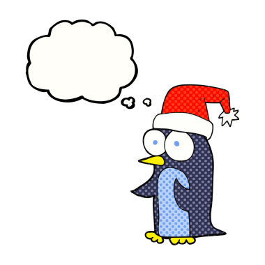 Bir insan tarafından çizilmiş serbest çizim balon karikatür noel pengueni.