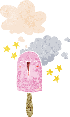 Düşünce baloncuğu ve grunge ile sevimli buz lolipop çizgi film bir insan tarafından çizilmiş sıkıntılı retro dokuma tarzı