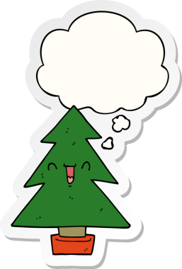 Düşünce baloncuğu insan tarafından çizilmiş bir çıkartma olan karikatür Noel ağacı.