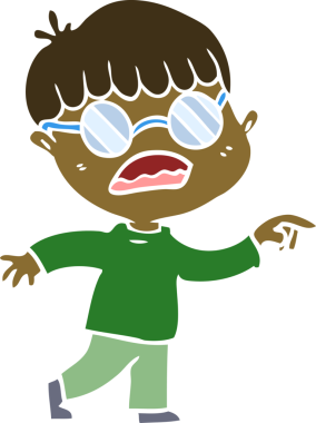 Bir insan tarafından çizilmiş gözlük takan düz renkli çizgi film çocuğu.