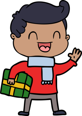 Bir insan tarafından çizilmiş, elinde bir hediye tutan gülen adam.