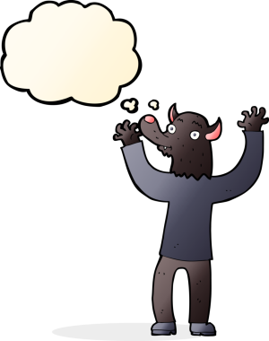 Bir insan tarafından çizilmiş düşünce balonlu mutlu kurtadam adam.